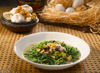 Poached Baby Spinach with Conpoy in Century and Salted Egg Stock 瑶柱金银蛋苋菜苗
