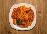 Spaghetti and Fried Ebi with Homemade Tomato Sauce