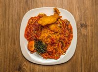 Spaghetti and Tempura Fish with Homemade Tomato Sauce