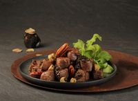 Wok-Fried Truffle Australian Wagyu Beef Cubes And Pecan Nuts Served With Ice Plant 冰菜山核桃松露和牛